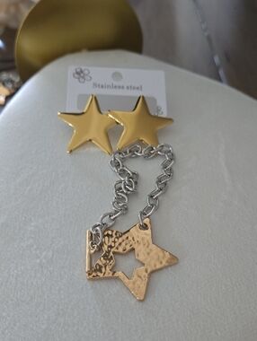 Star Pendant Toggle Bracelet W/ Matching Large Star Earrings - Gold & Silver New